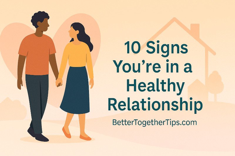 An image of a couple cartoon and writings on it "10 Signs You're in a Healthy Relationship"