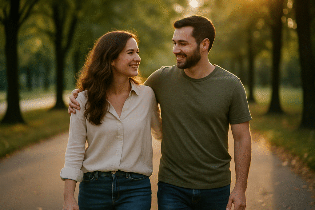 A candid photo of a couple walking side-by-side on a tree-lined park path