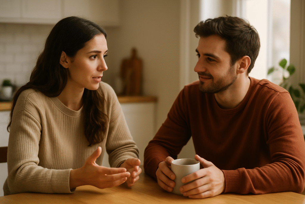 A candid photo of two partners at a kitchen table with mugs of tea