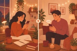 Long distance couple each on their phones smiling in separate cozy spaces