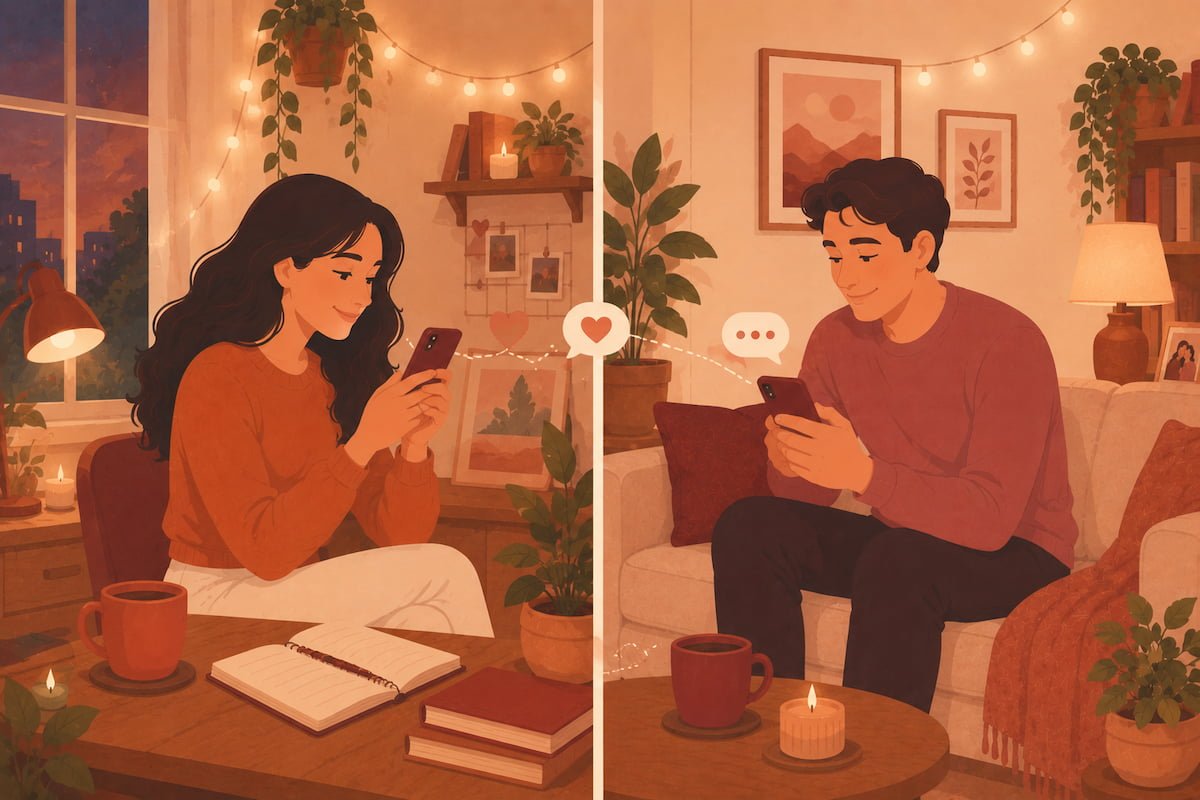 Long distance couple each on their phones smiling in separate cozy spaces