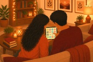 Couple sitting together on sofa browsing relationship apps on tablet