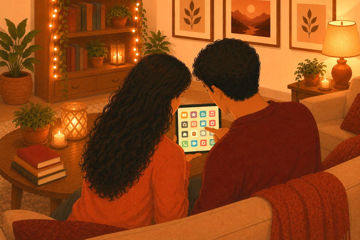Couple sitting together on sofa browsing relationship apps on tablet