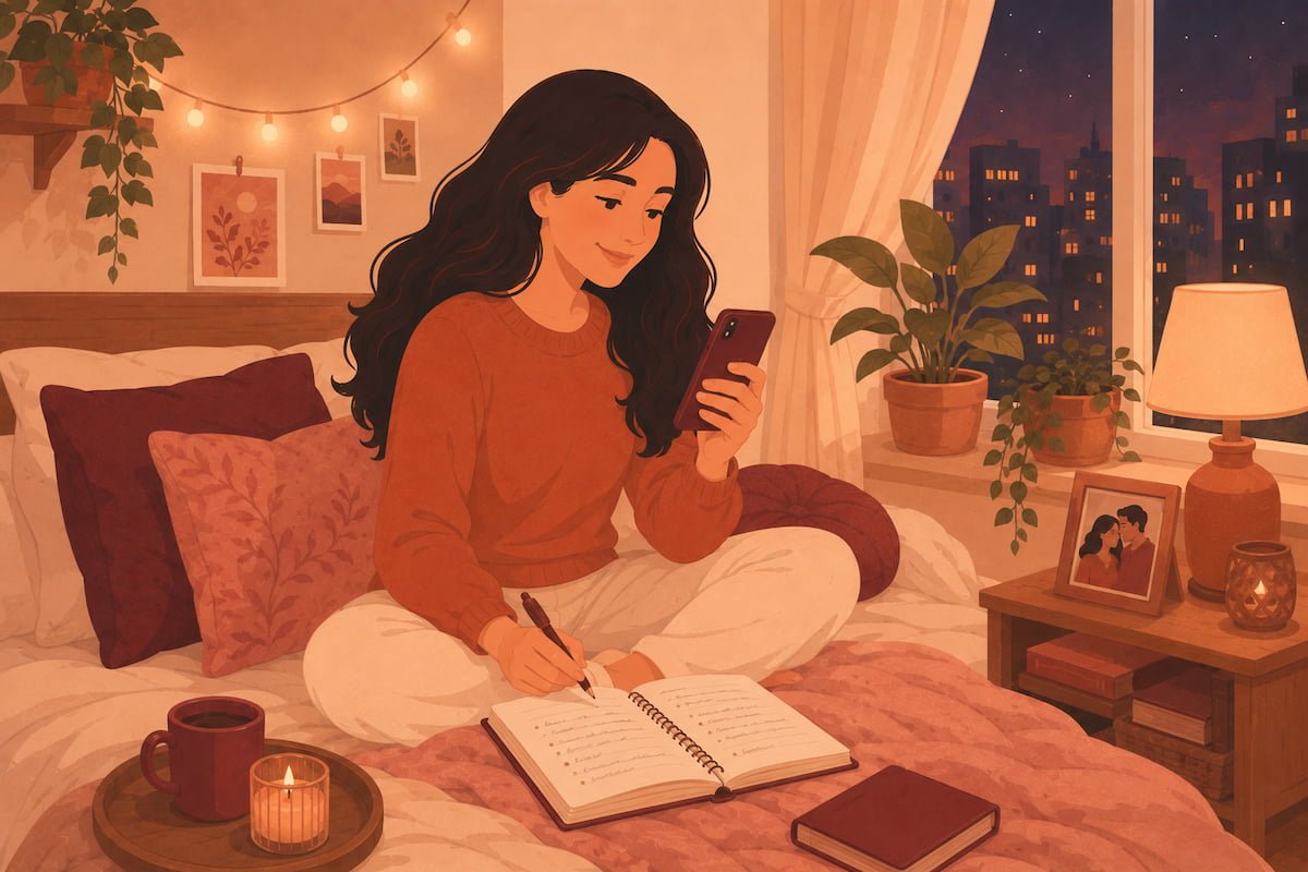 Woman on bed writing in notebook while reading heartfelt message on phone