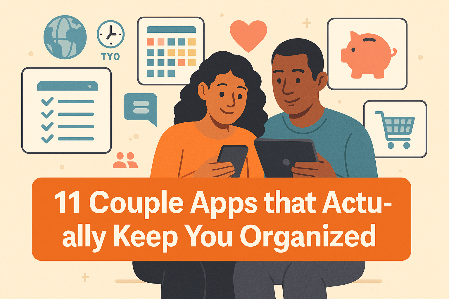 Illustration of devices with calendar, to-do, budget, and shopping list screens, symbolizing couple apps for staying organized.