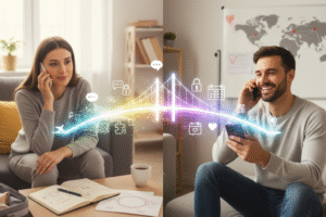 An illustration of a couple from two different places contacting among them over phone