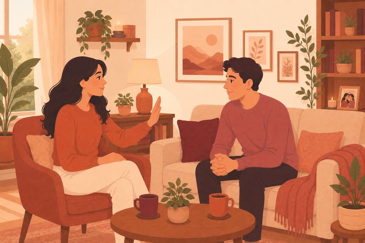 Woman calmly setting a boundary while man listens respectfully on sofa