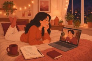 Woman laughing on video call with partner while lying on bed with notebook