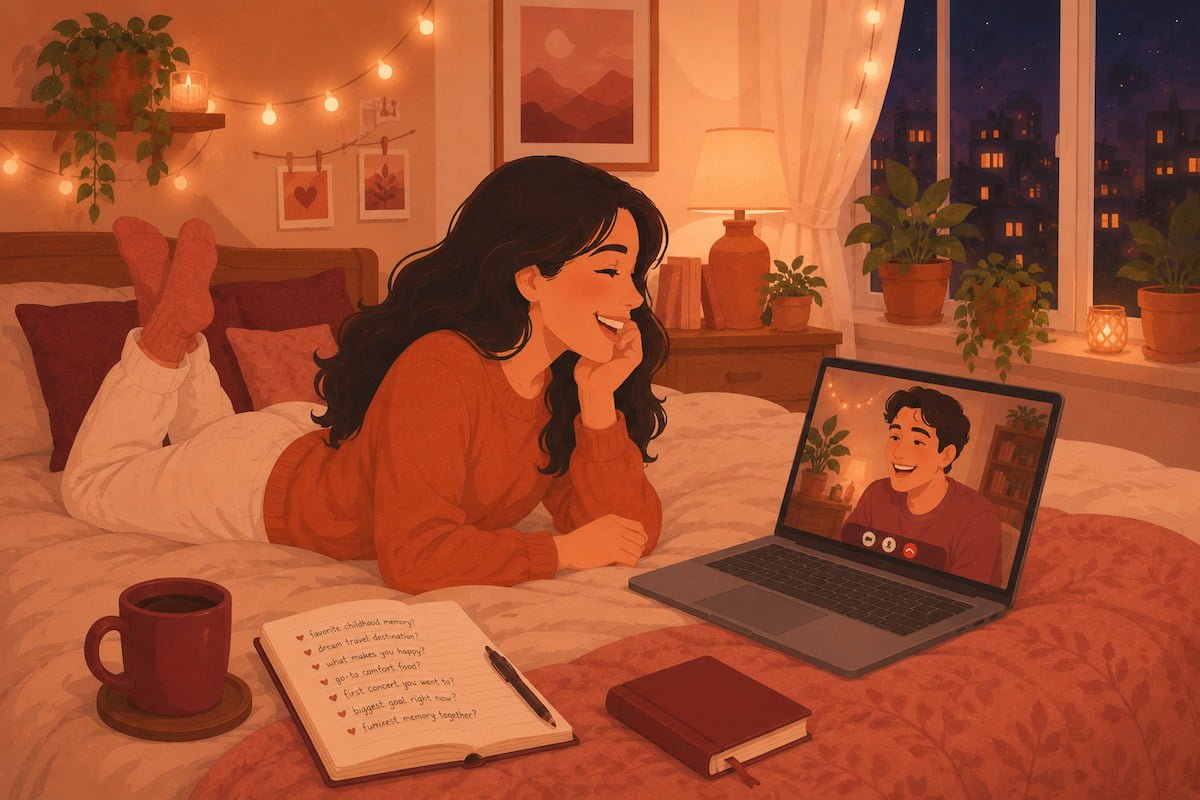 Woman laughing on video call with partner while lying on bed with notebook