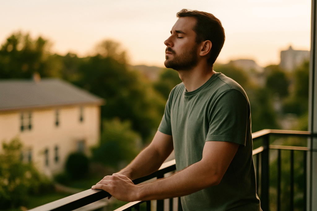 Photo of a person stepping onto a small balcony for a 20-minute cool-down, hands on the railing, taking a deep breath