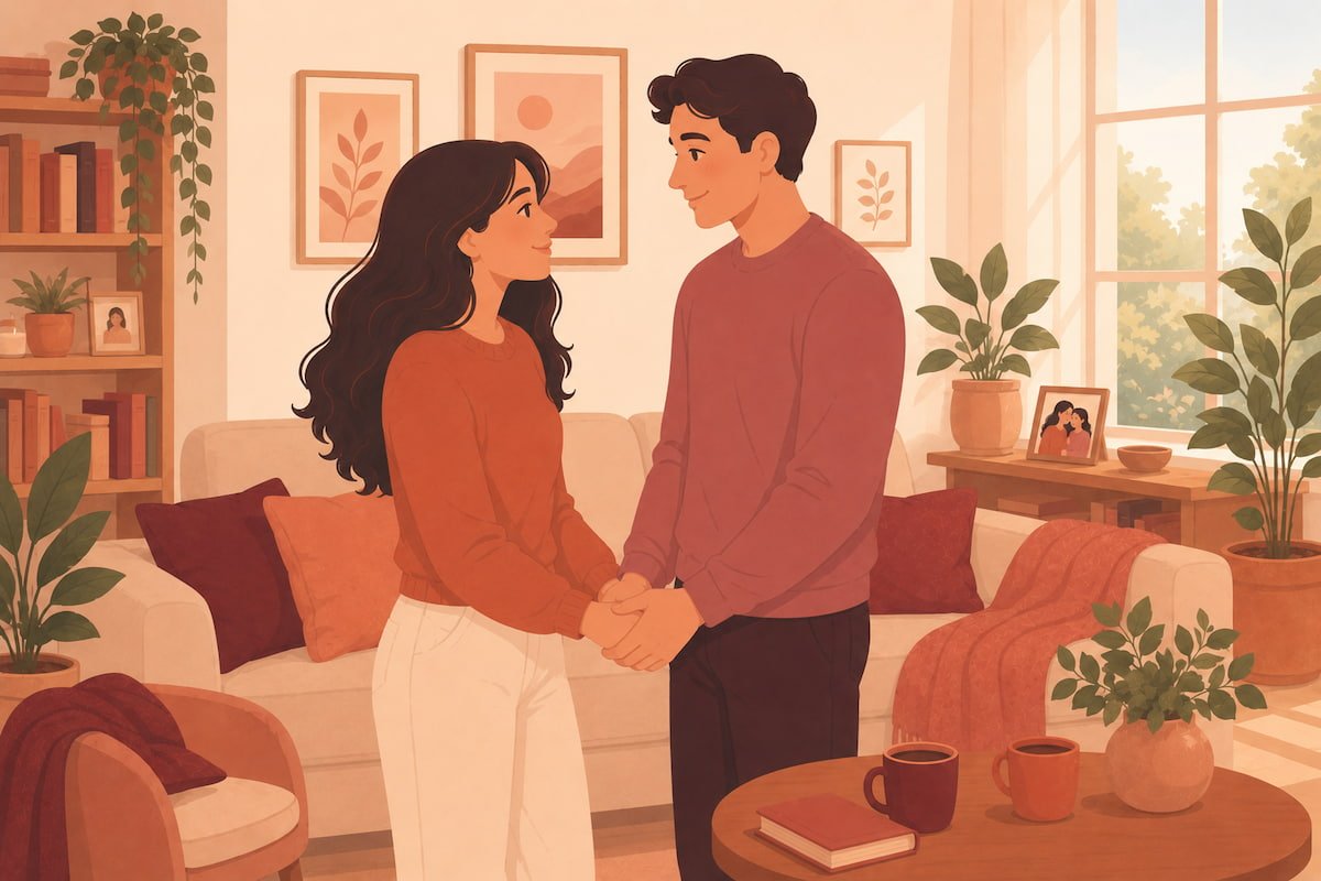 Happy couple standing together holding hands in bright cozy living room