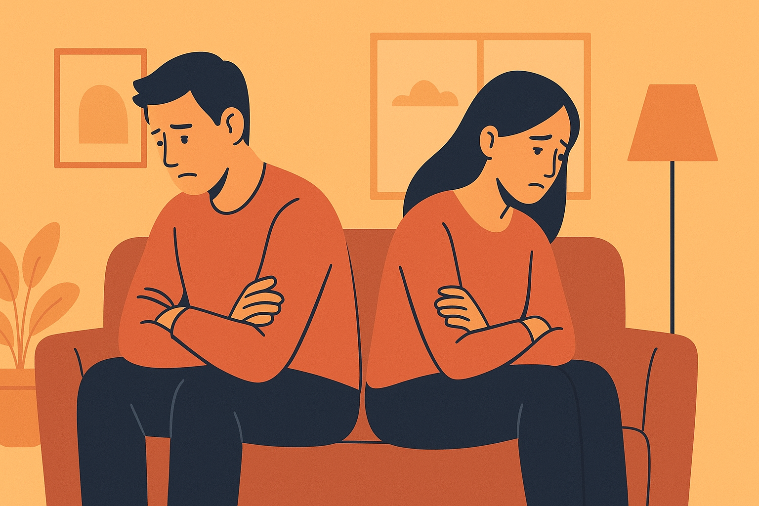 Illustration of a man and woman sitting sadly, back-to-back on a sofa, in a room conveying emotional distance in a relationship.