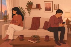 Couple sitting on opposite ends of sofa emotionally disconnected and distant