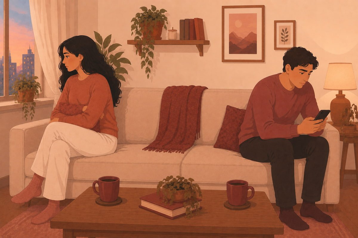 Couple sitting on opposite ends of sofa emotionally disconnected and distant