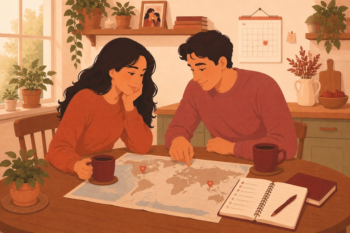 Couple at kitchen table looking at world map planning long distance relationship