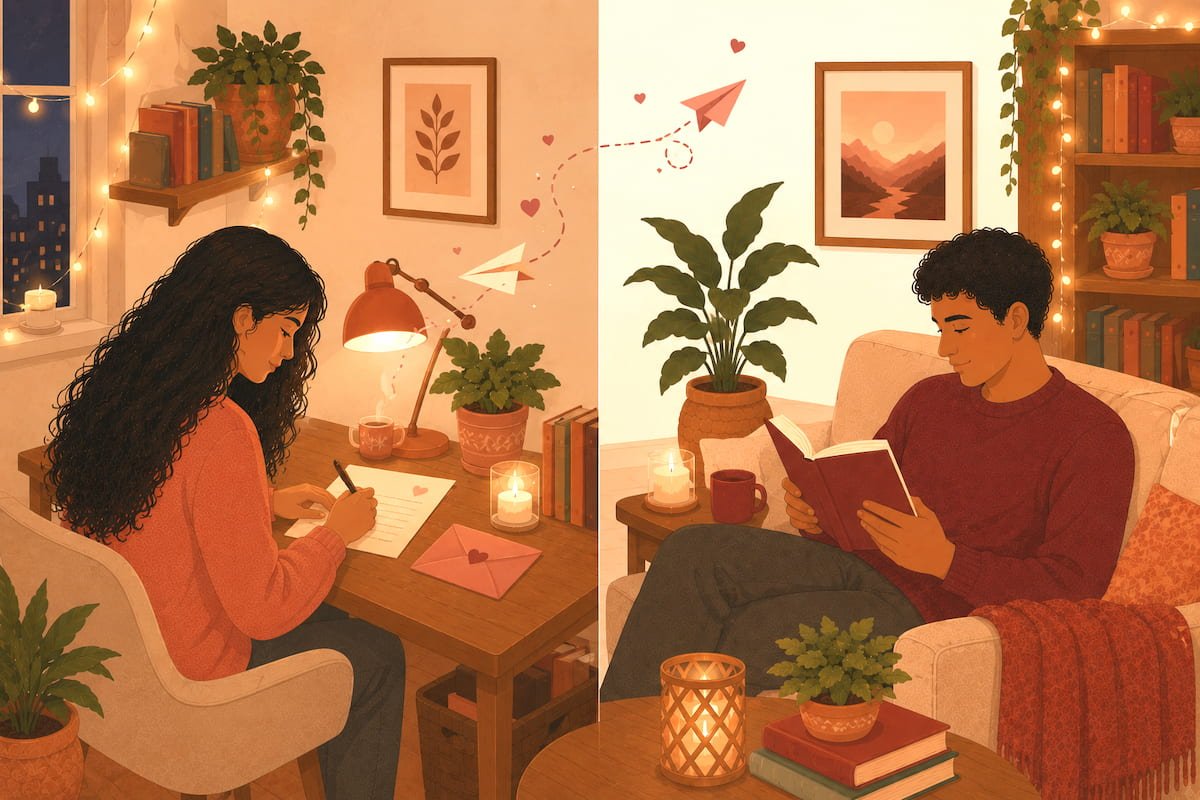 Long distance couple in separate cozy spaces connected by paper airplane and hearts