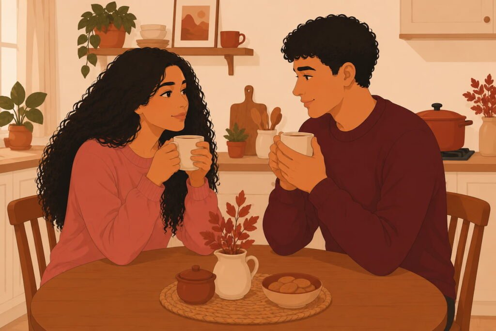 Couple sitting at kitchen table talking calmly over mugs of tea — illustration for relationship boundary scripts