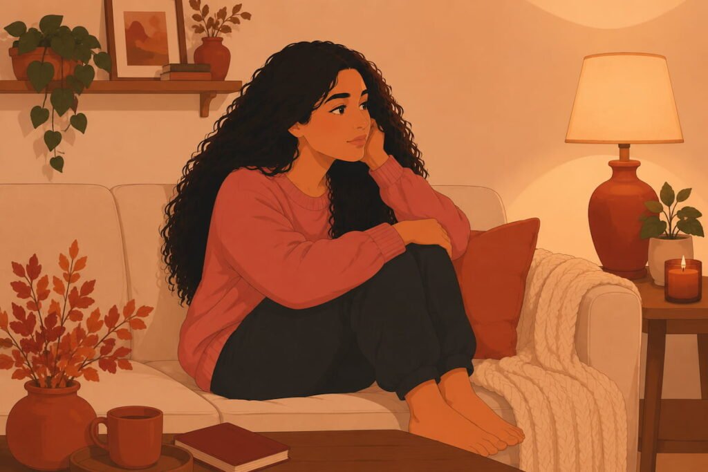 Woman sitting alone on sofa looking thoughtful — illustration for healthy relationship boundaries