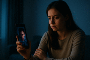 A couple on a video call looking serious and distant, each in separate rooms with dim cool lighting, symbolizing emotional strain and disconnection in a long-distance relationship.