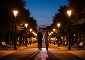 A couple holding hands and walking down a peaceful, lamp-lit path in the evening, surrounded by warm streetlights and a twilight sky, symbolizing love and unity.