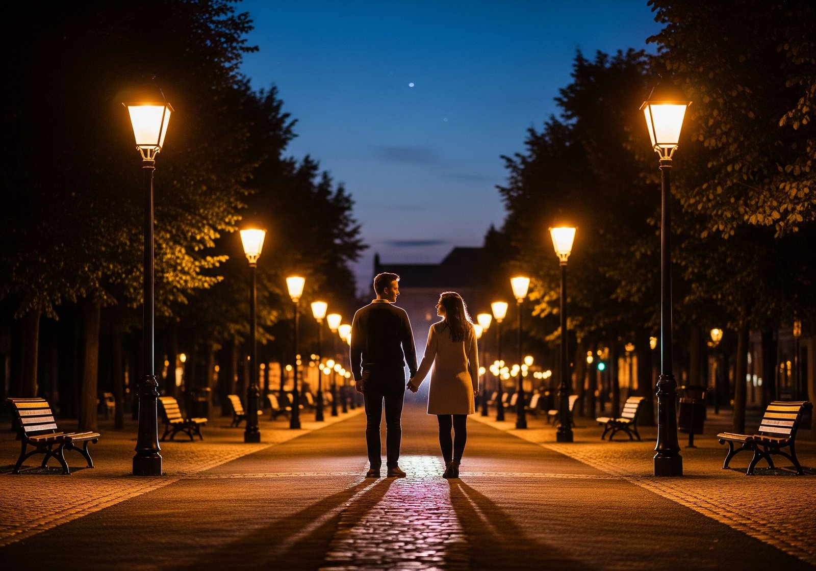 A couple holding hands and walking down a peaceful, lamp-lit path in the evening, surrounded by warm streetlights and a twilight sky, symbolizing love and unity.