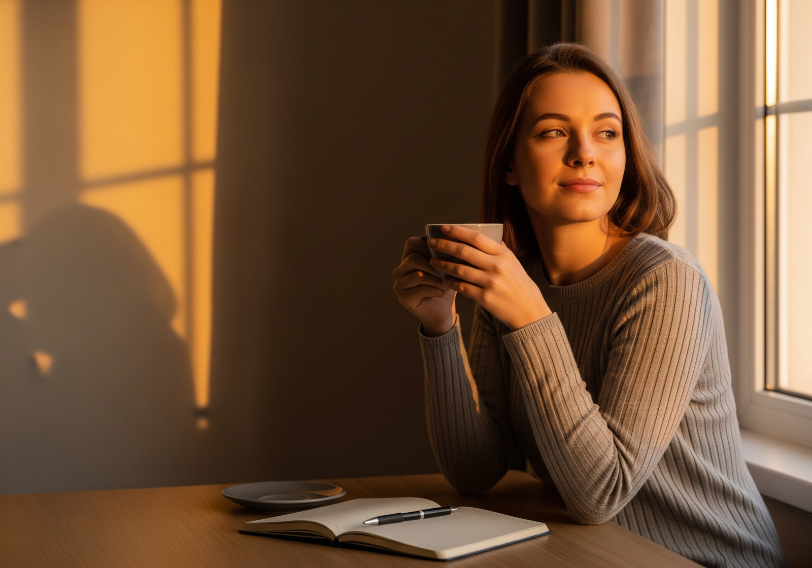 A young woman sitting by a window at sunset, holding a cup of tea with a calm, thoughtful expression, symbolizing healing, reflection, and thankfulness after a relationship ends.