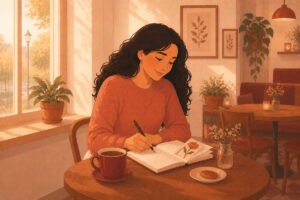 Woman alone at café journaling peacefully with pressed flower and afternoon light