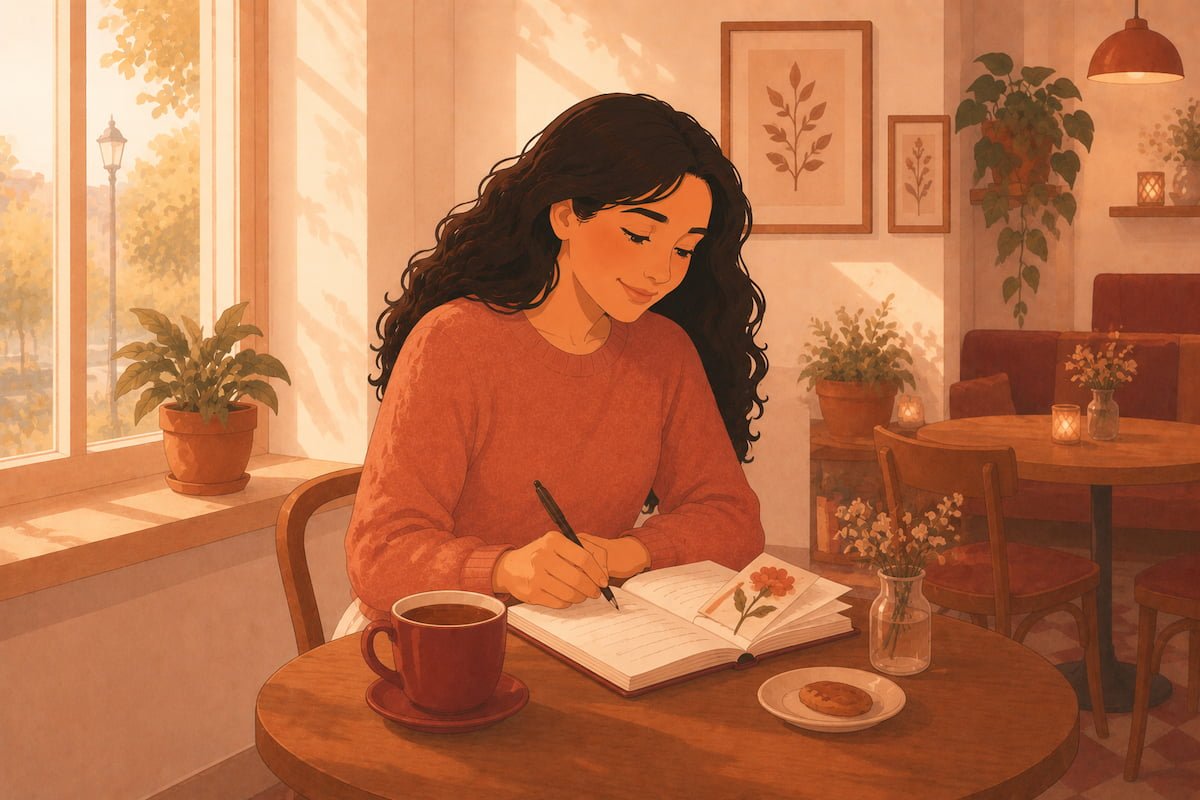 Woman alone at café journaling peacefully with pressed flower and afternoon light
