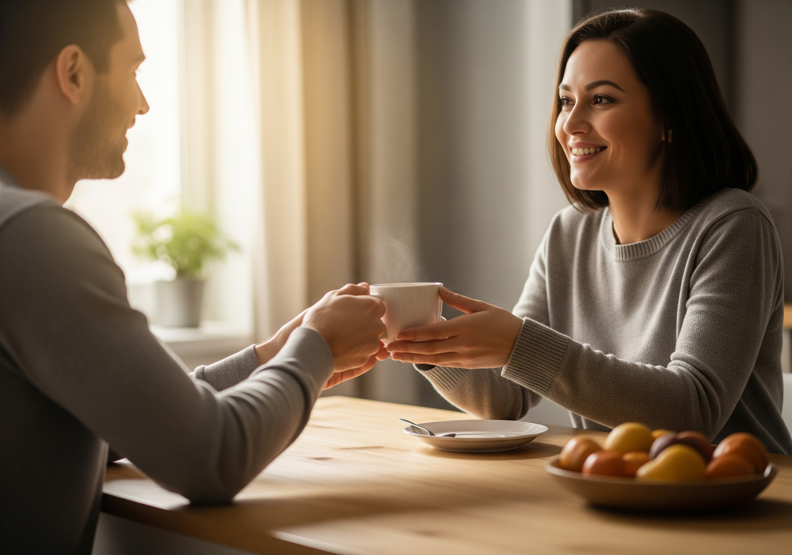 A couple sitting together at a kitchen table in warm morning light, one person smiling as the other hands them a coffee mug, symbolizing gratitude and appreciation in everyday love.