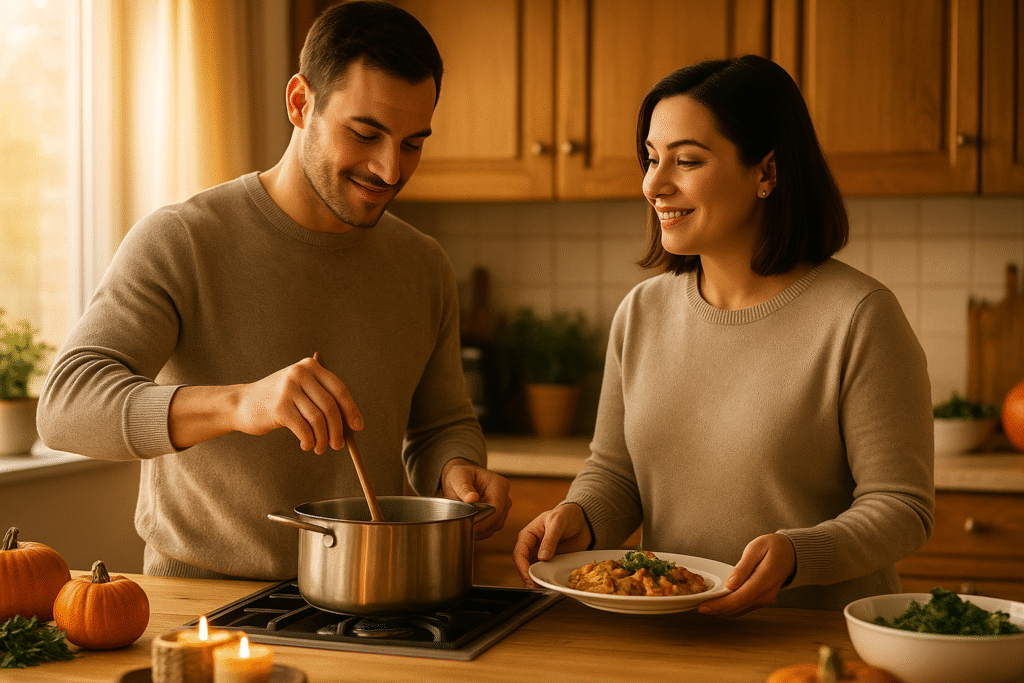 A couple standing together in a warm, sunlit kitchen preparing a Thanksgiving meal, smiling as they cook side by side, symbolizing gratitude, teamwork, and love.