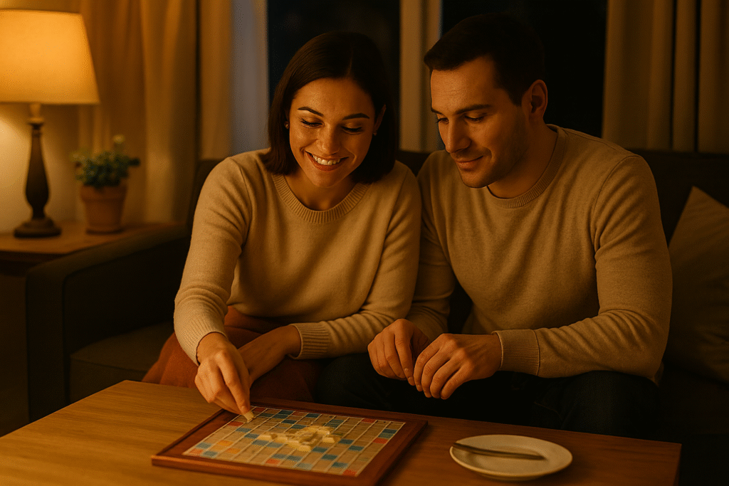 A couple sitting together on a sofa playing a board game in a warmly lit living room, smiling and enjoying each other’s company, symbolizing quality time without phones or distractions.