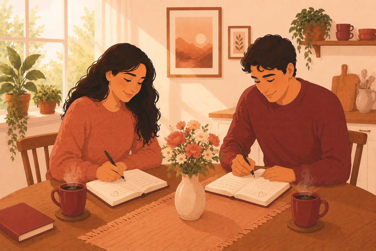 Couple writing in gratitude journals together at kitchen table with flowers