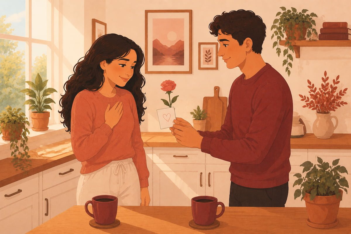 Man handing woman a handwritten note and flower in kitchen morning moment