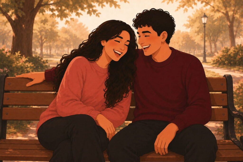 Couple laughing together on a park bench — flat illustration for relationship quotes about love and connection