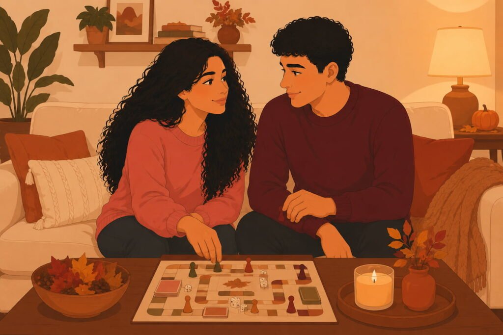 Couple playing a board game together at home — flat vector illustration