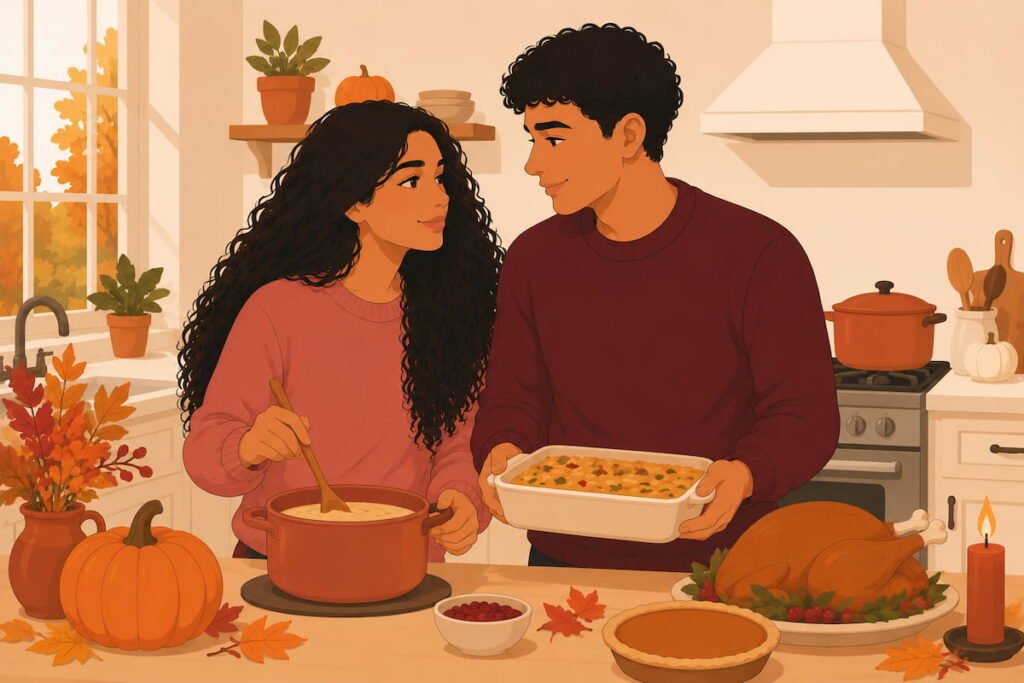 Couple cooking a Thanksgiving meal together in a cozy kitchen — flat vector illustration