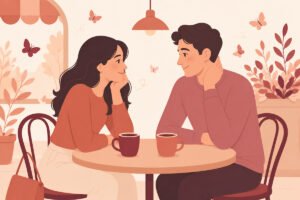 Couple on a first date at a café with butterflies and warm atmosphere