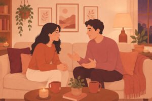 Couple having calm honest conversation on sofa resolving conflict together