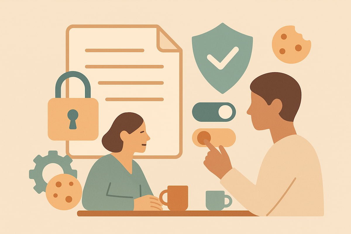 Illustrated couple with privacy and security icons including a lock, shield and cookie symbols