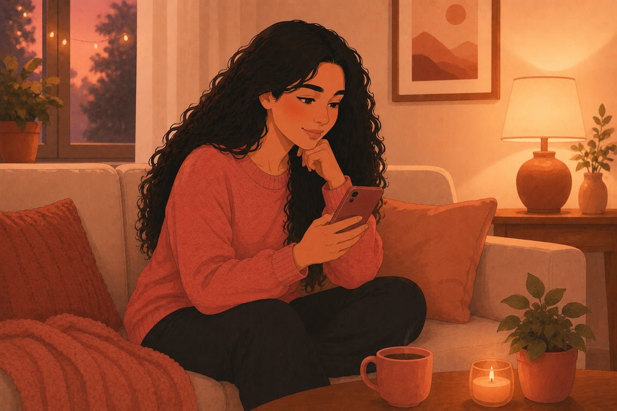 Woman composing a heartfelt apology message to her boyfriend on her phone — flat illustration