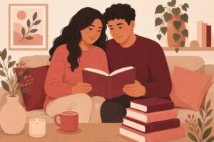 Couple reading a relationship book together on a cozy couch