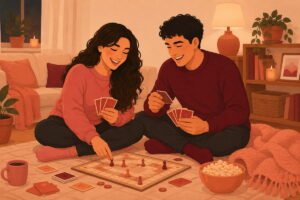Couple laughing together playing a board game at home — flat illustration of fun couple activities at home