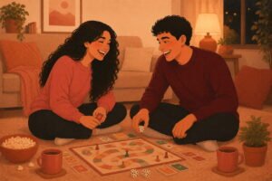 Couple laughing over a board game on the living room floor — flat illustration of fun games for couples at home