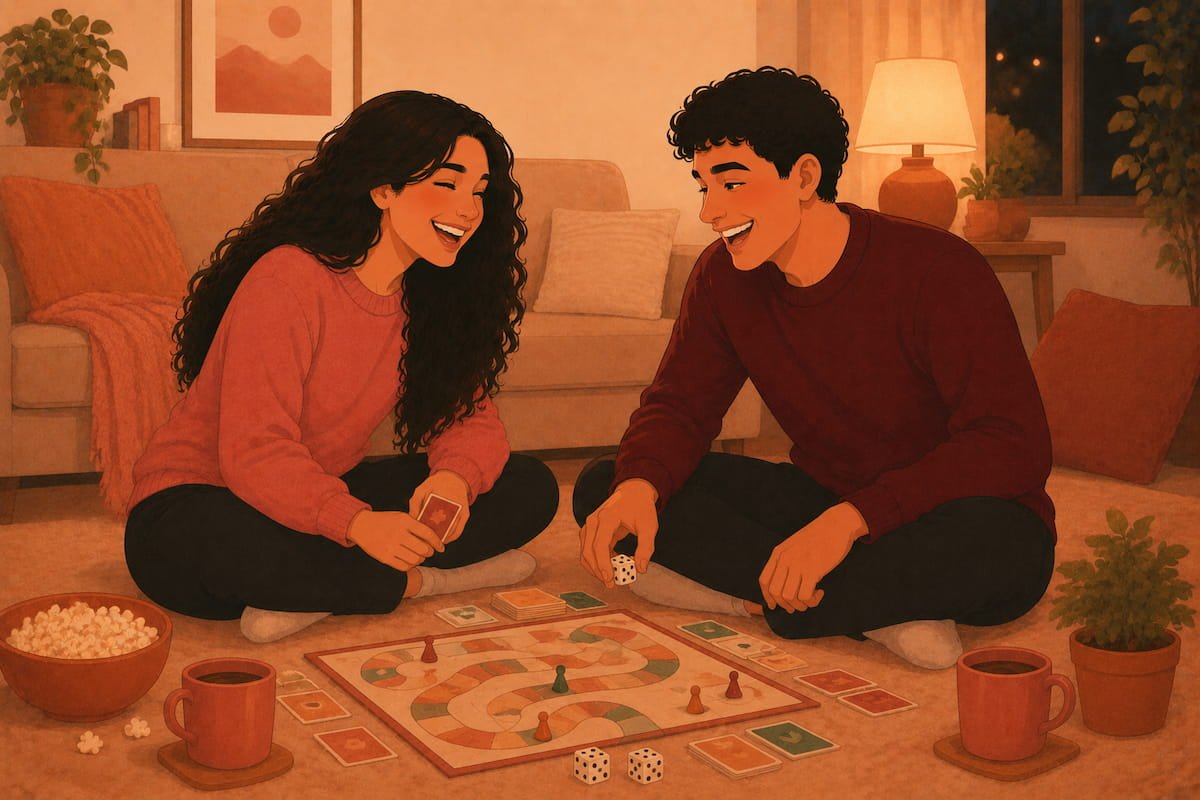 Couple laughing over a board game on the living room floor — flat illustration of fun games for couples at home