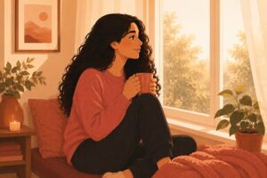 Woman sitting by a window with tea, reflecting quietly — illustration for healing from a narcissistic relationship