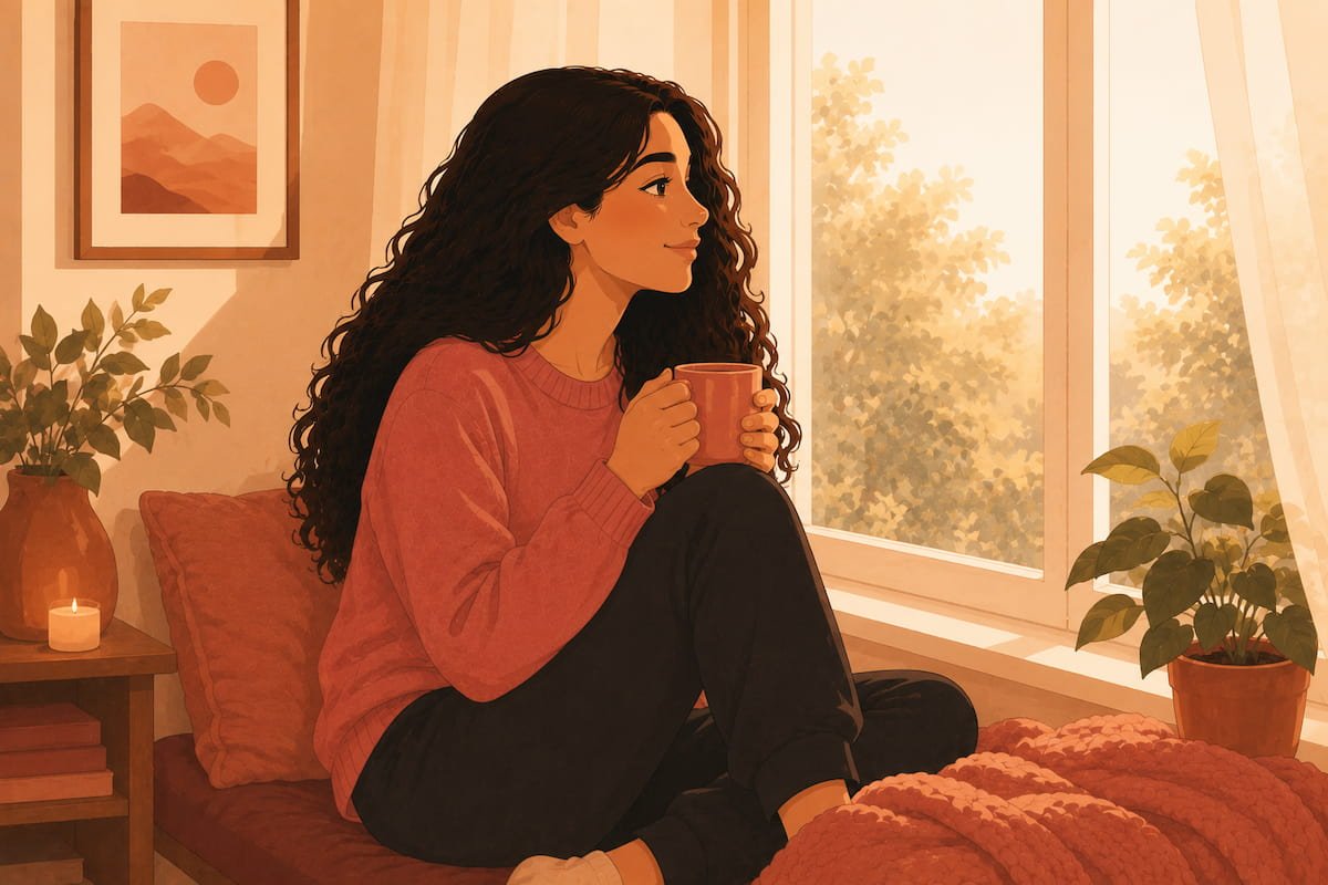 Woman sitting by a window with tea, reflecting quietly — illustration for healing from a narcissistic relationship