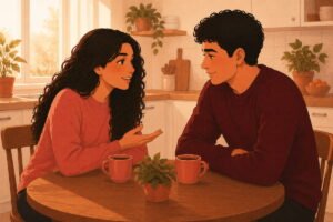 Woman having a sincere conversation with her boyfriend — flat illustration of how to apologize to your boyfriend