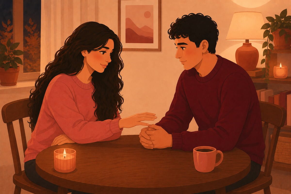 Couple having sincere reconciliation moment — flat illustration of how to apologize to your partner
