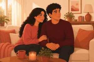 Couple sitting together on a couch — flat illustration of rebuilding trust after lying in a relationship