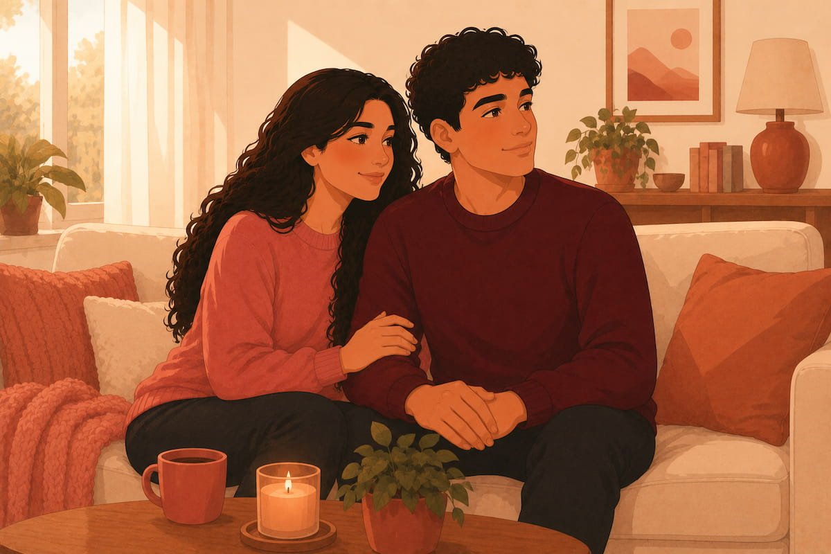 Couple sitting together on a couch — flat illustration of rebuilding trust after lying in a relationship